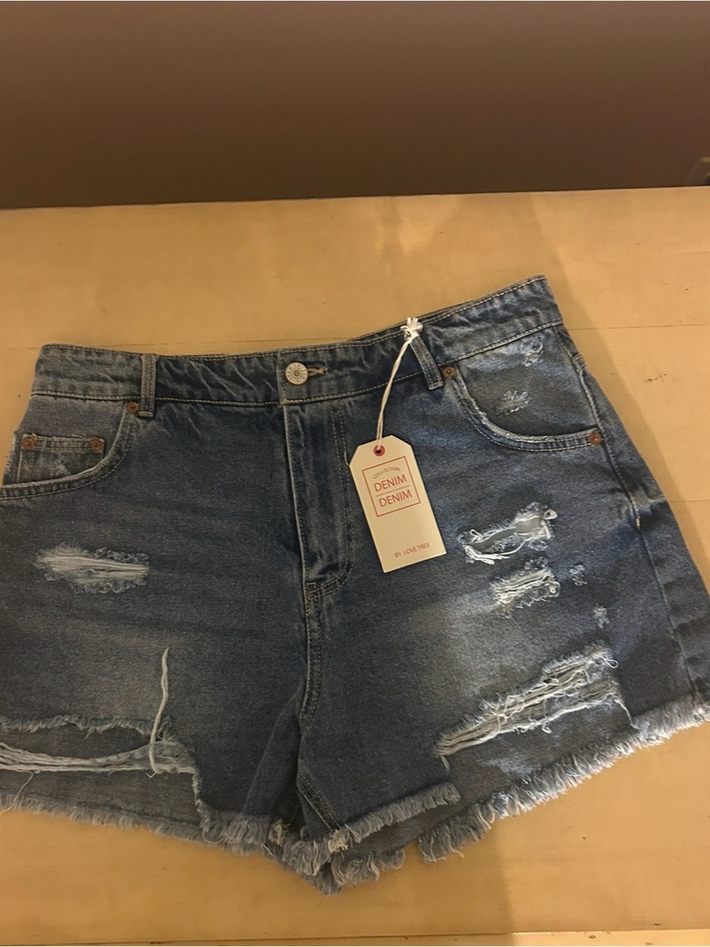 Love Tree Distressed High-Rise Denim Shorts - Blue size Large